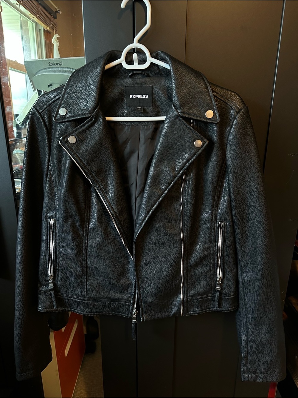 Express Black Faux Leather Moto Biker Jacket Silver Zip Size S